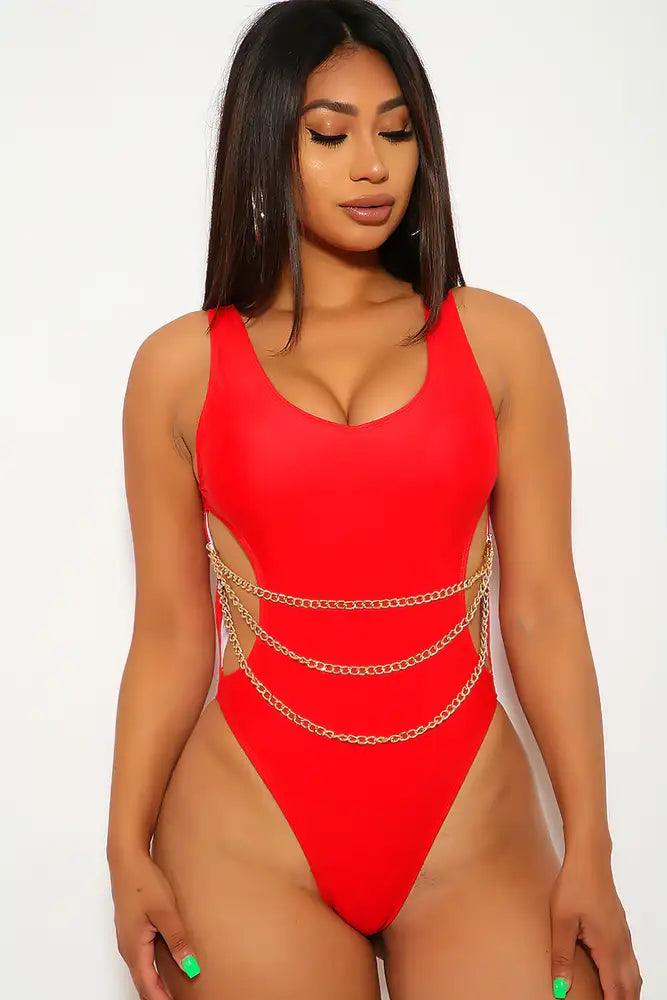 Red Chained Cheeky One Piece Swimsuit - AMIClubwear
