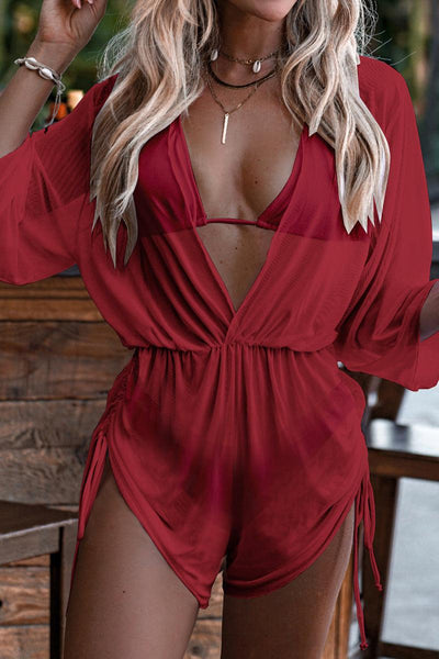 Red Cheeky Coverup Romper Three Piece Swimsuit - AMIClubwear