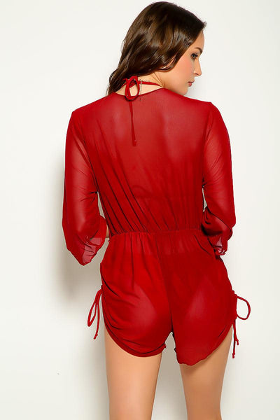 Red Cheeky Coverup Romper Three Piece Swimsuit - AMIClubwear