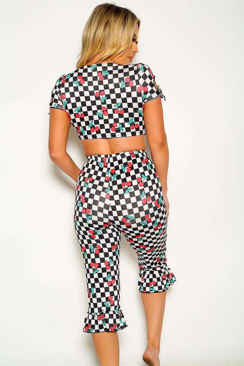 Red Cherry Black Checkered Crop Top Ruffled Hem Pants Set - AMIClubwear