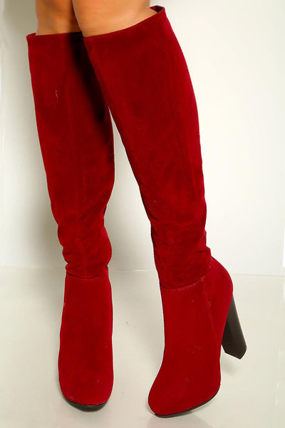 Red Chunky Heel Side Zipper Thigh High Boots - AMIClubwear