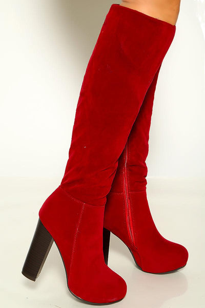 Red Chunky Heel Side Zipper Thigh High Boots - AMIClubwear