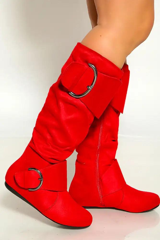 Red Closed Round Toe Buckle Slouch Flat Boot - AMIClubwear