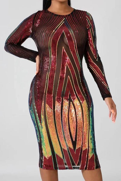 Red Colorful Sequin Mesh Long Sleeve Sexy Party Dress - AMIClubwear