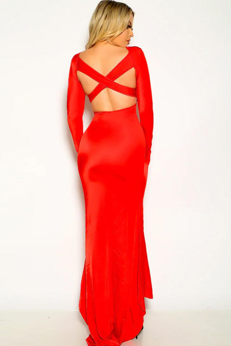 Red Criss-Cross Back Long Sleeve Sexy Maxi Party Dress - AMIClubwear