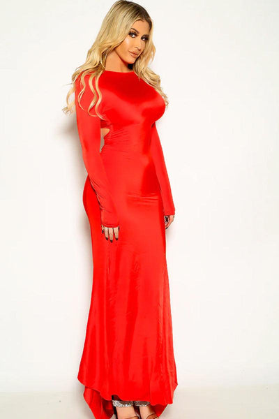 Red Criss-Cross Back Long Sleeve Sexy Maxi Party Dress - AMIClubwear