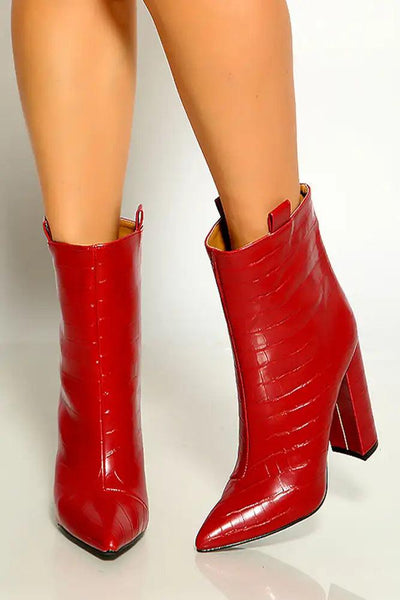 Red Crocodile Pointy Toe Chunky Heel Booties - AMIClubwear