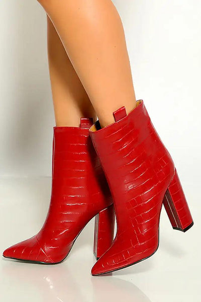 Red Crocodile Pointy Toe Chunky Heel Booties - AMIClubwear