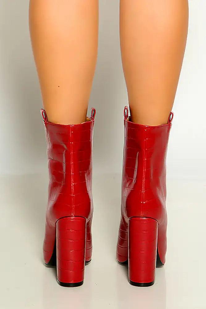 Red Crocodile Pointy Toe Chunky Heel Booties - AMIClubwear