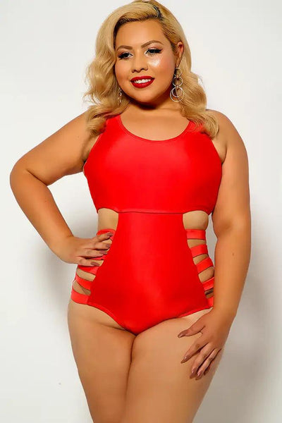 Red Cut Out Caged Plus Size Monokini - AMIClubwear