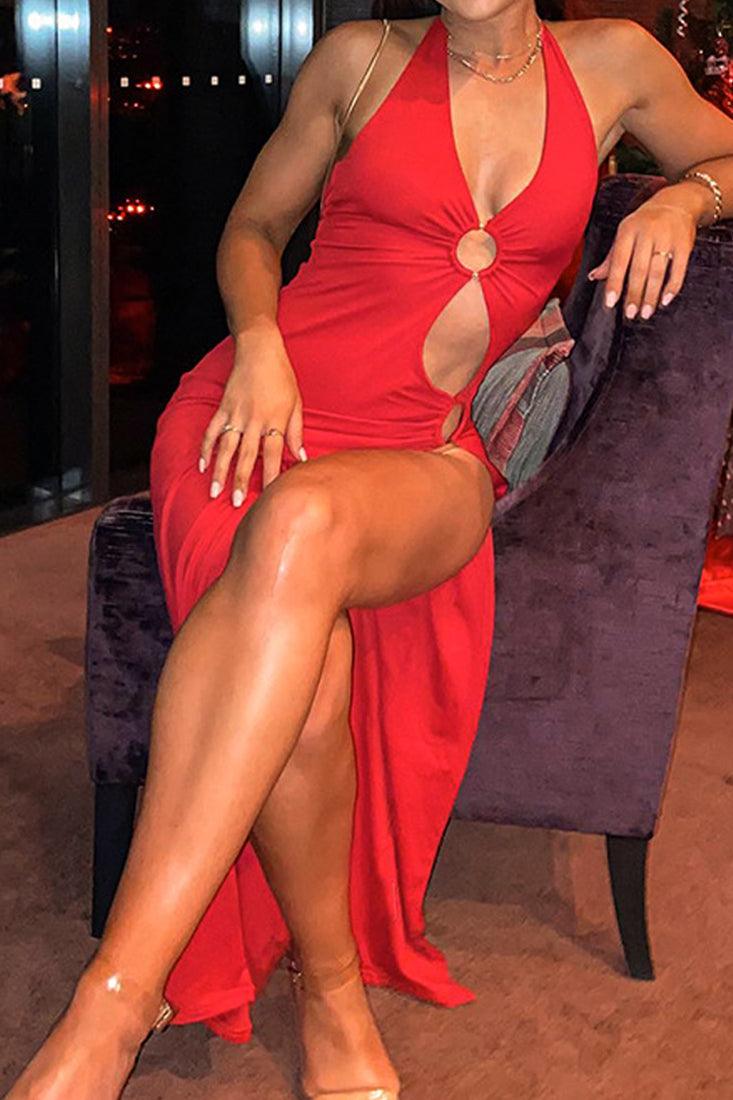 Red Cut Out O-Ring Maxi Party Dress - AMIClubwear