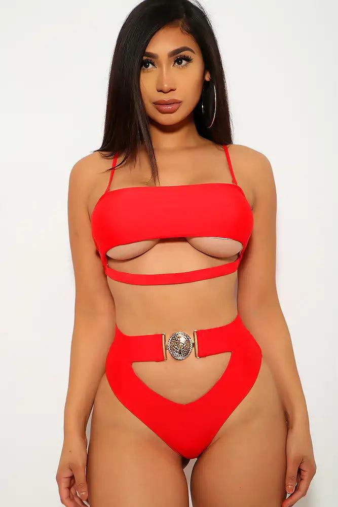 Red Cut Out Padded Two Piece Swimsuit - AMIClubwear