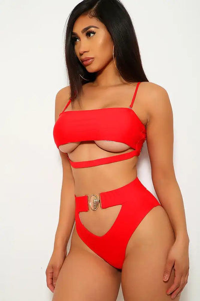 Red Cut Out Padded Two Piece Swimsuit - AMIClubwear