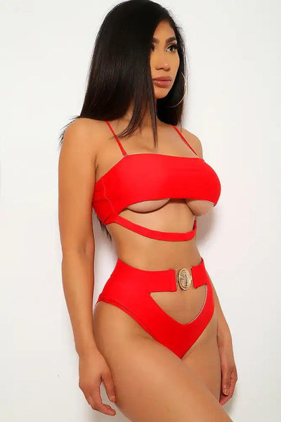 Red Cut Out Padded Two Piece Swimsuit - AMIClubwear