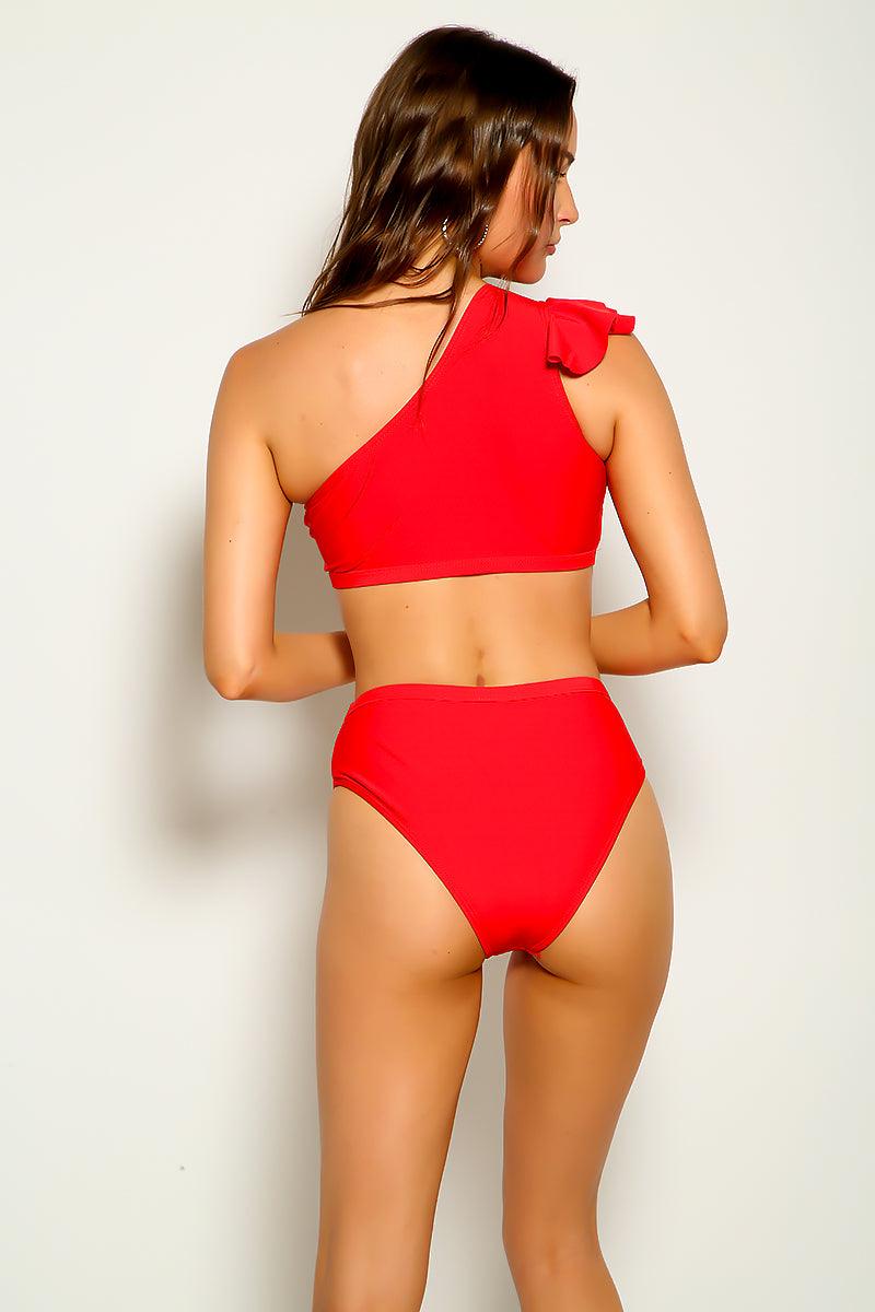 Red Cut Out Sexy Ruffled One Shoulder Two Piece Swimsuit - AMIClubwear