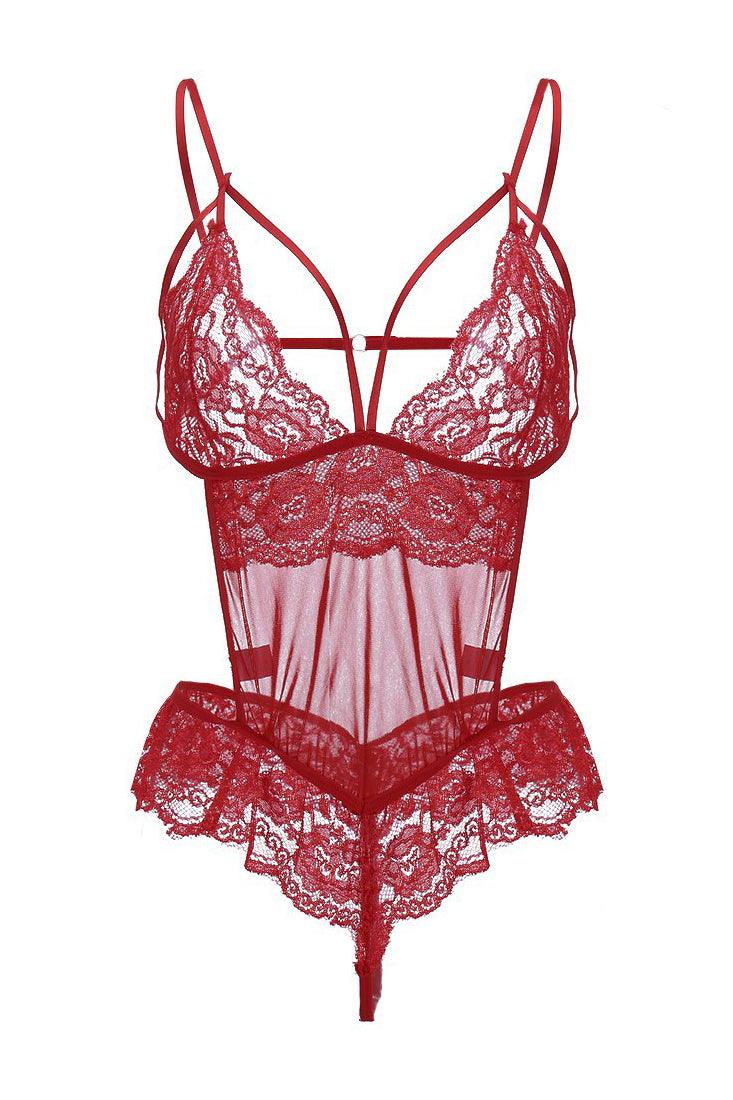 Red Deep V-Cut Sexy Cut Out Sheer Mesh Teddy Bodysuit AMIClubwear Red Deep V-Cut Sexy Cut Out Sheer Mesh Teddy Bodysuit AMIClubwear