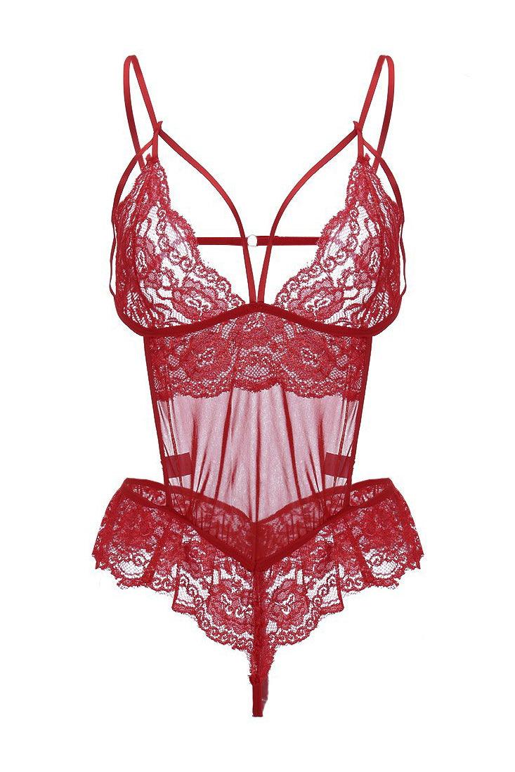 Red Deep V-Cut Sexy Cut Out Sheer Mesh Teddy Bodysuit - AMIClubwear