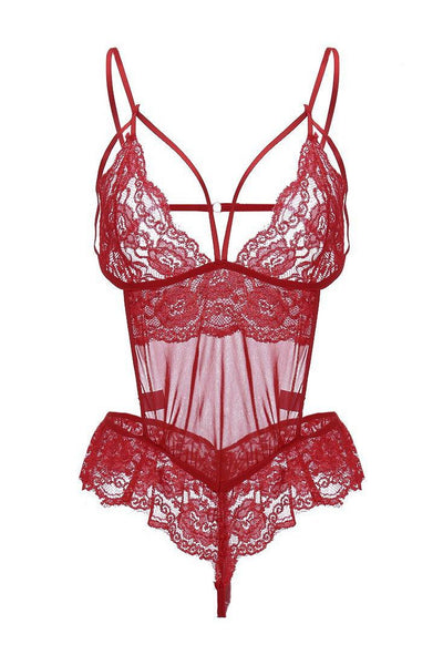 Red Deep V-Cut Sexy Cut Out Sheer Mesh Teddy Bodysuit - AMIClubwear