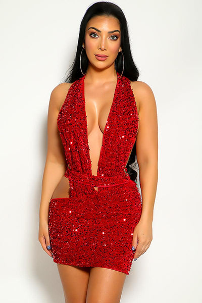 Red Deep V-Cut Sleeveless Sequins Party Dress - AMIClubwear