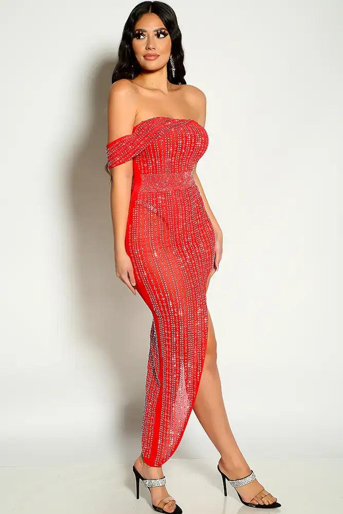 Red Draped Shoulder Side Slit Rhinestone Midi Party Dress - AMIClubwear