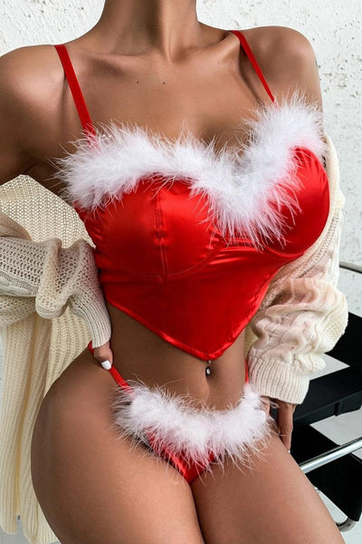 Red Faux Fur Trim Cropped Two Piece Sexy Santa Holiday costume - AMIClubwear