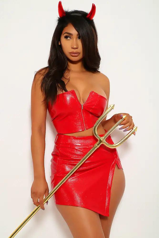 Red Faux Leather 2 Pc. Costume Outfit - AMIClubwear