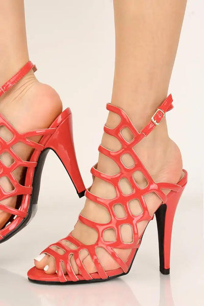 Red Faux Leather Cut Out Peep Toe High Heels - AMIClubwear