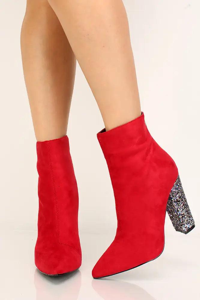 Red Faux Suede Glittery Chunky Heel Booties - AMIClubwear