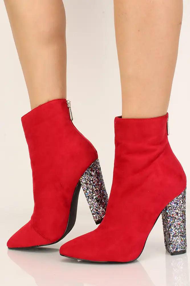 Red Faux Suede Glittery Chunky Heel Booties - AMIClubwear