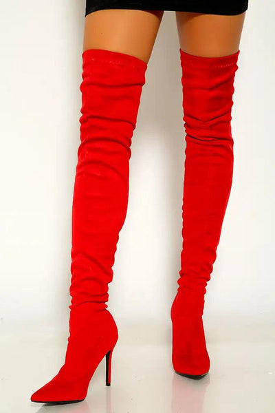 Red Faux Suede Pointy High Heel Thigh High Boots - AMIClubwear