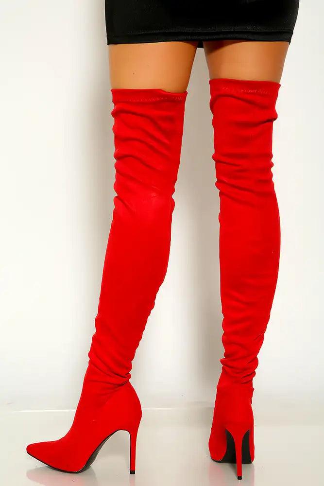 Red Faux Suede Pointy High Heel Thigh High Boots - AMIClubwear