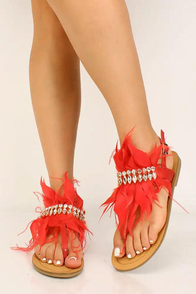 Red Feather Rhinestone Accent Sandals - AMIClubwear