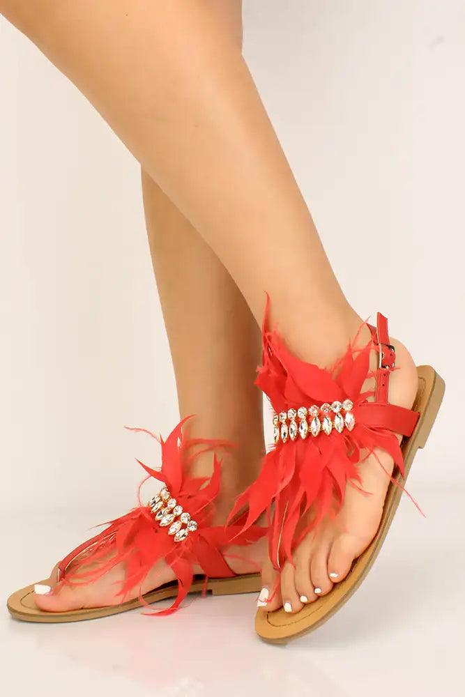 Red Feather Rhinestone Accent Sandals - AMIClubwear