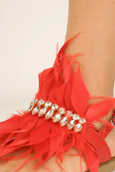 Red Feather Rhinestone Accent Sandals - AMIClubwear