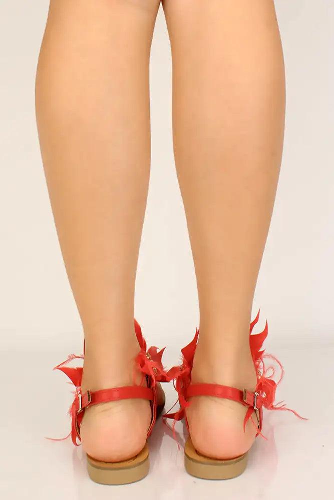 Red Feather Rhinestone Accent Sandals - AMIClubwear