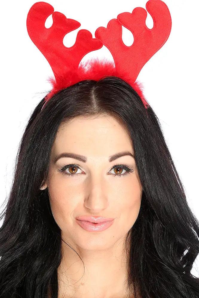 Red Feathered Fabric Antler Headband - AMIClubwear