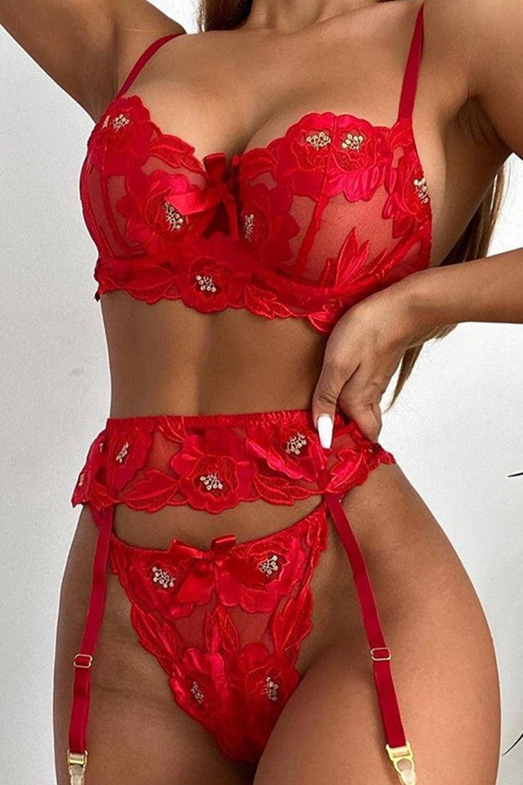 Red Floral Embroidered Mesh Sexy 3 Pc Lingerie Set - AMIClubwear