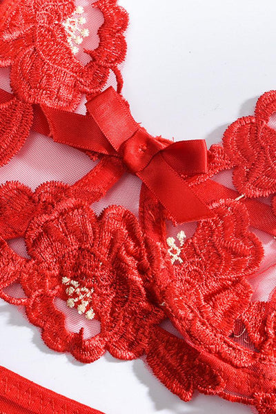 Red Floral Embroidered Mesh Sexy 3 Pc Lingerie Set - AMIClubwear