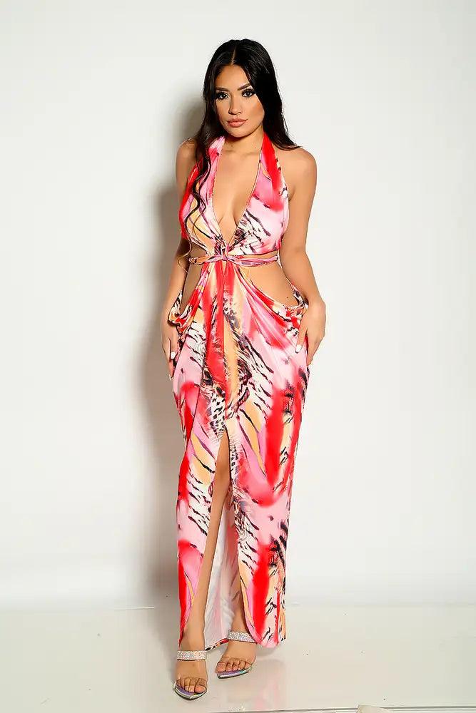 Red Floral Halter Cut Out Sexy Maxi Dress - AMIClubwear