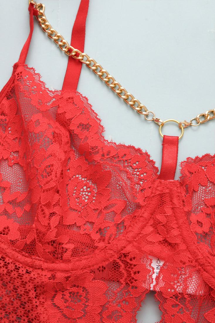 Red Floral Lace Chain Linked Teddy With Garter Straps - AMIClubwear