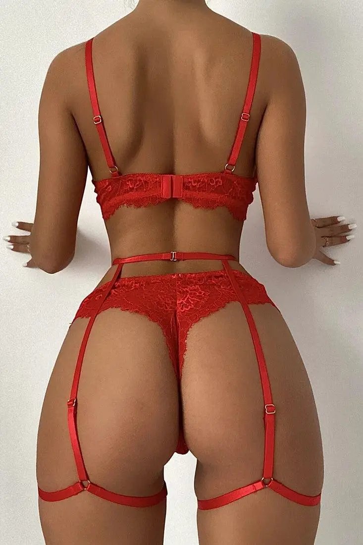 Red Floral Lace Cut Out Sexy Lingerie 3 Pc Set