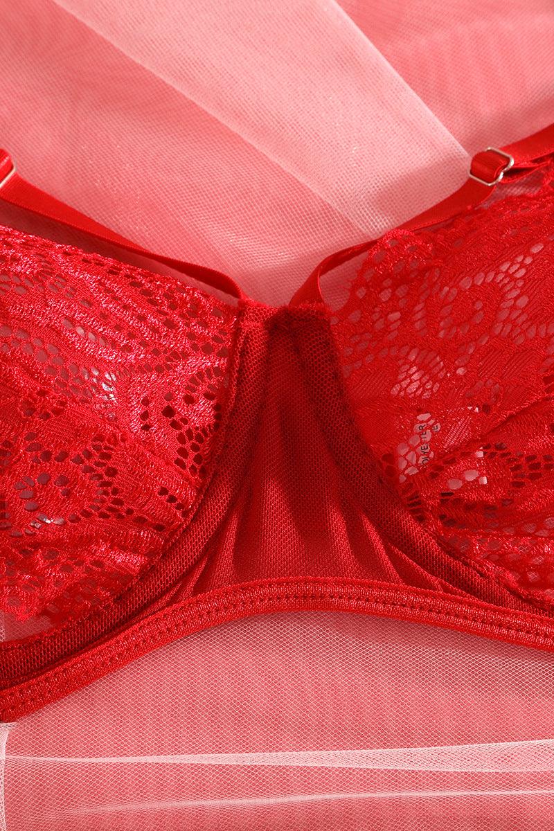 Red Floral Lace Garter Underwire Sexy Lingerie Set - AMIClubwear