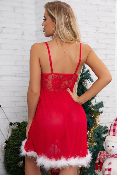 Red Floral Mesh Fuzzy Trim Sexy Holiday Slip Dress - AMIClubwear