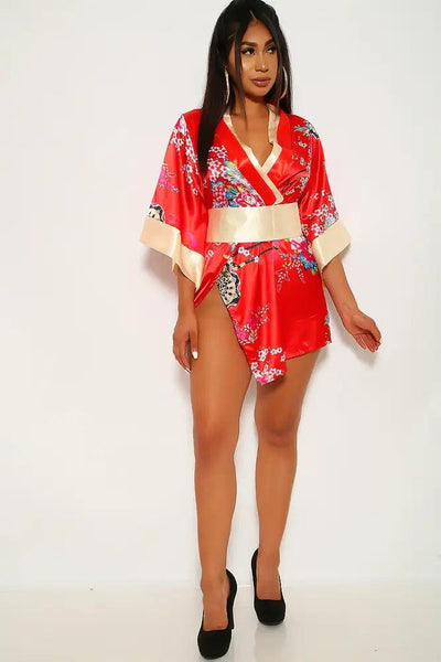 Red Floral Print 3 Piece Kimono Costume - AMIClubwear
