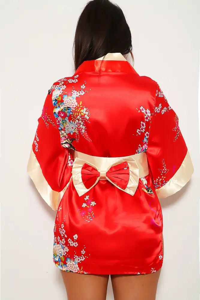 Red Floral Print 3 Piece Kimono Costume - AMIClubwear