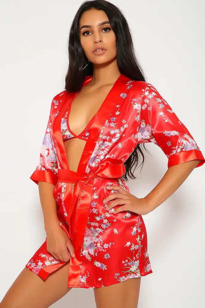 Red Floral Print Satin Sexy Geisha 3 Piece Kimono Costume - AMIClubwear