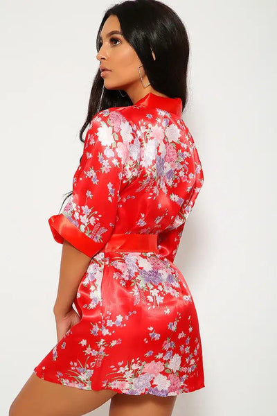 Red Floral Print Satin Sexy Geisha 3 Piece Kimono Costume - AMIClubwear
