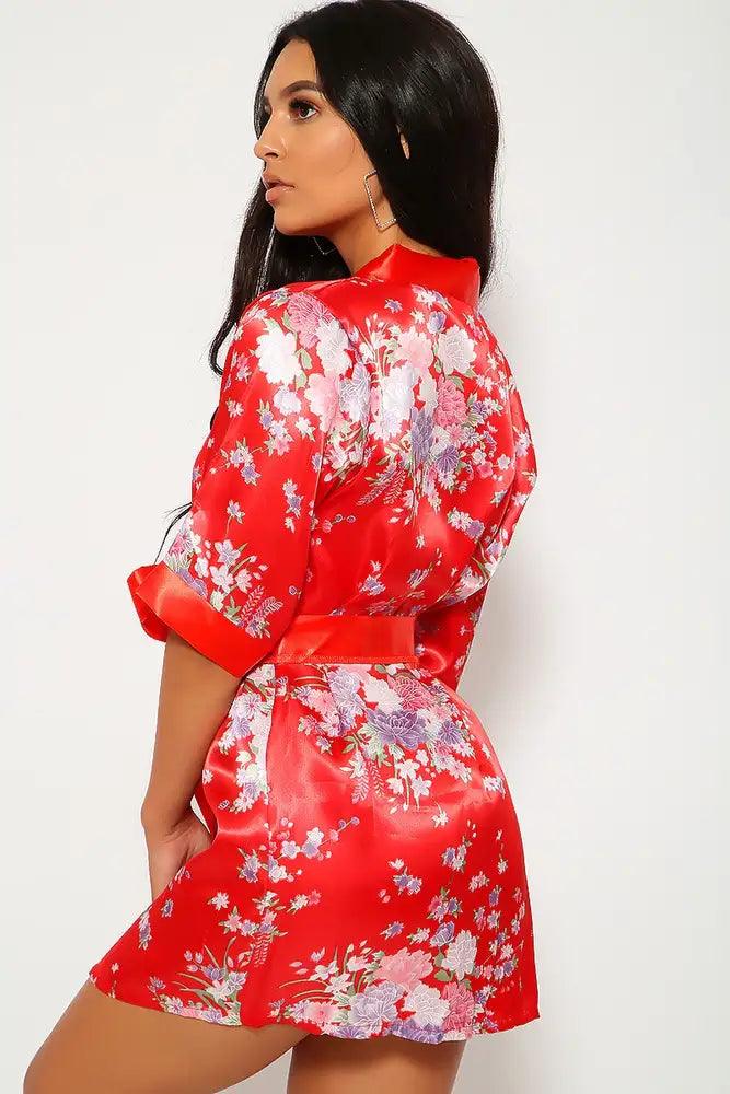 Red Floral Print Sexy Geisha 3 Piece Costume - AMIClubwear
