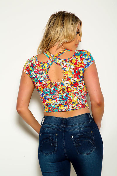 Red Floral Print Short Sleeve Crop Top - AMIClubwear