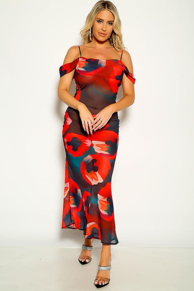 Red Floral Print Short Sleeve Mesh Maxi Dress - AMIClubwear